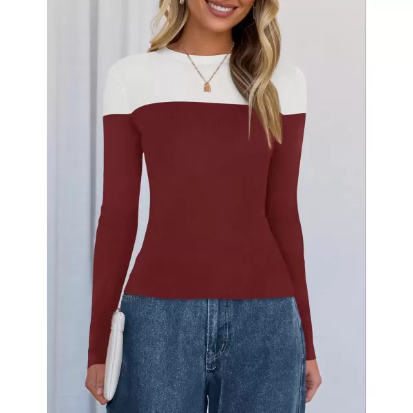 imageZESICA Womens Long Sleeve Crewneck Shirts 2024 Fall Knit Color Block Sweaters Slim Fitted Casual Basic Tee TopsWine Red