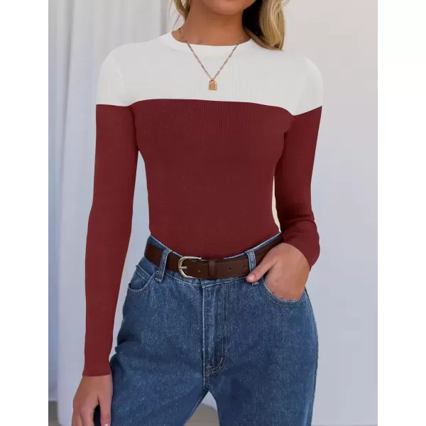 imageZESICA Womens Long Sleeve Crewneck Shirts 2024 Fall Knit Color Block Sweaters Slim Fitted Casual Basic Tee TopsWine Red