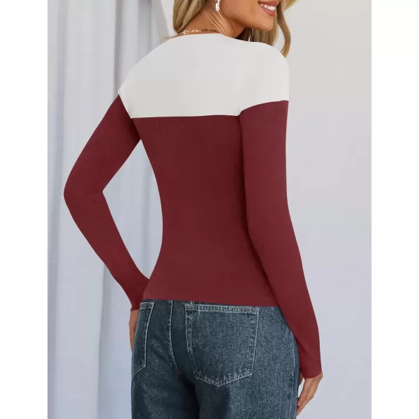 imageZESICA Womens Long Sleeve Crewneck Shirts 2024 Fall Knit Color Block Sweaters Slim Fitted Casual Basic Tee TopsWine Red