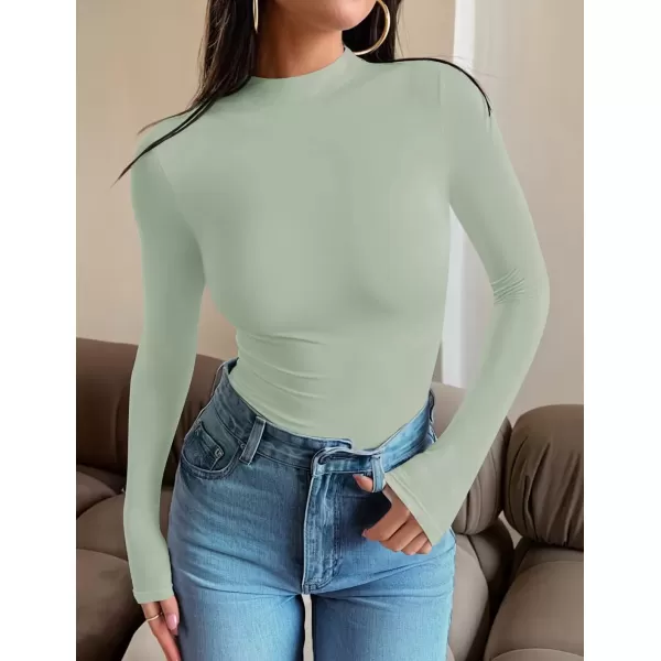 imageZESICA Womens Long Sleeve Mock Neck Tops 2024 Fall Slim Fitted Pullover Basic Shirts Casual Winter ClothesBean Green