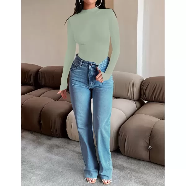 imageZESICA Womens Long Sleeve Mock Neck Tops 2024 Fall Slim Fitted Pullover Basic Shirts Casual Winter ClothesBean Green