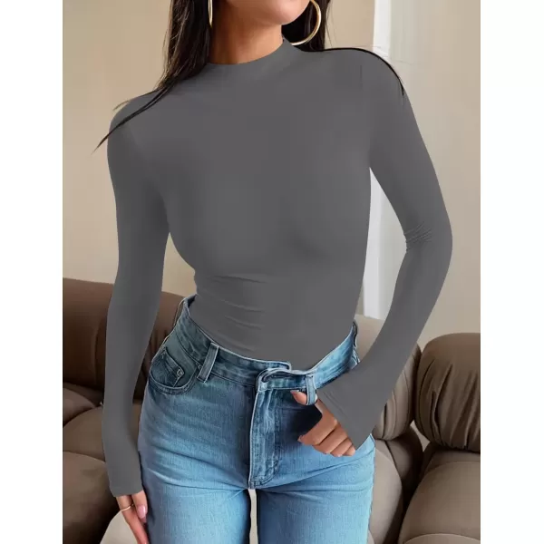 imageZESICA Womens Long Sleeve Mock Neck Tops 2024 Fall Slim Fitted Pullover Basic Shirts Casual Winter ClothesDark Grey