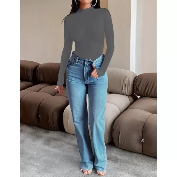 imageZESICA Womens Long Sleeve Mock Neck Tops 2024 Fall Slim Fitted Pullover Basic Shirts Casual Winter ClothesDark Grey