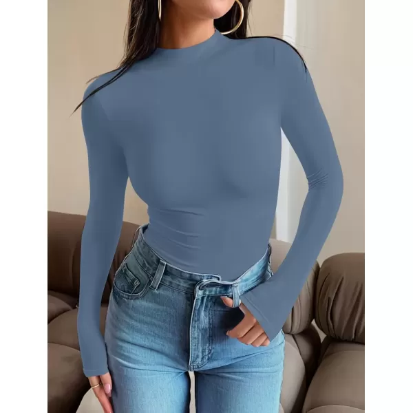 imageZESICA Womens Long Sleeve Mock Neck Tops 2024 Fall Slim Fitted Pullover Basic Shirts Casual Winter ClothesDusty Blue
