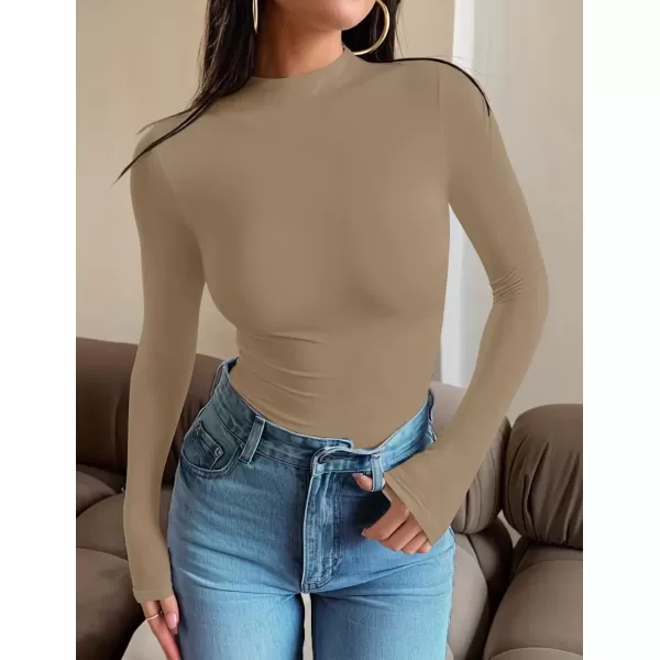 imageZESICA Womens Long Sleeve Mock Neck Tops 2024 Fall Slim Fitted Pullover Basic Shirts Casual Winter ClothesKhaki