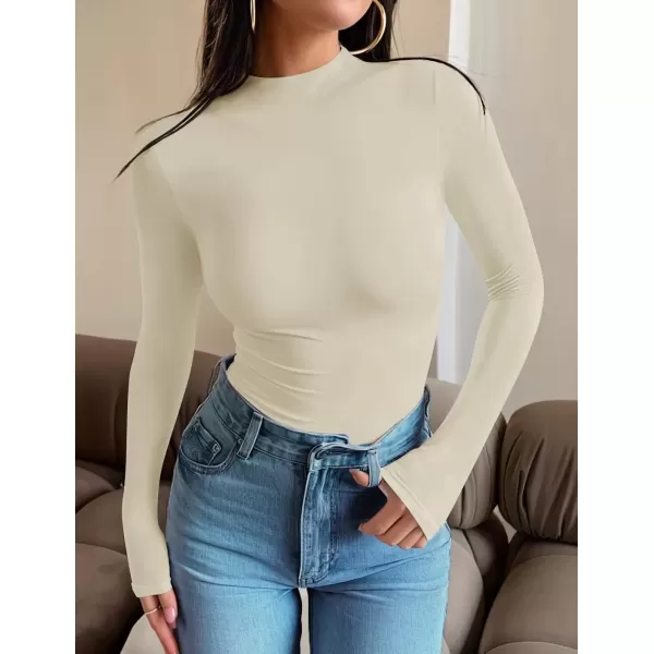 imageZESICA Womens Long Sleeve Mock Neck Tops 2024 Fall Slim Fitted Pullover Basic Shirts Casual Winter ClothesOat