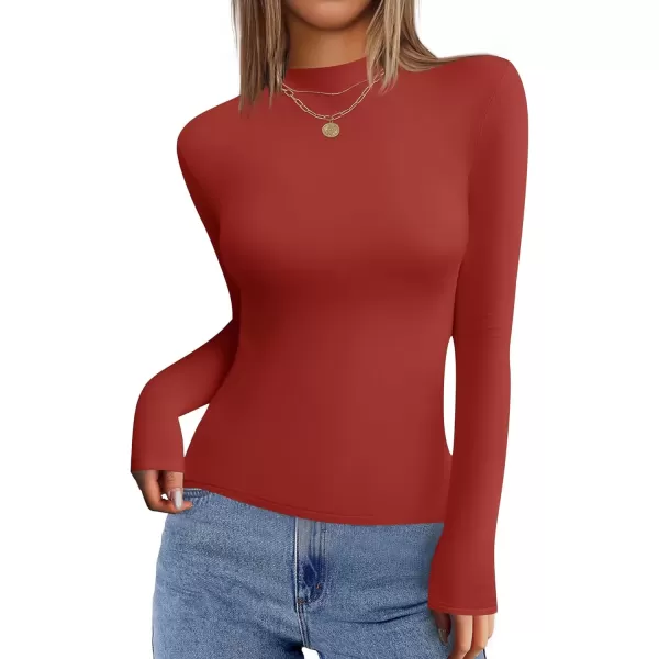 imageZESICA Womens Long Sleeve Mock Neck Tops 2024 Fall Slim Fitted Pullover Basic Shirts Casual Winter ClothesRed