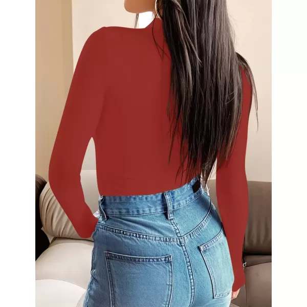 imageZESICA Womens Long Sleeve Mock Neck Tops 2024 Fall Slim Fitted Pullover Basic Shirts Casual Winter ClothesRed