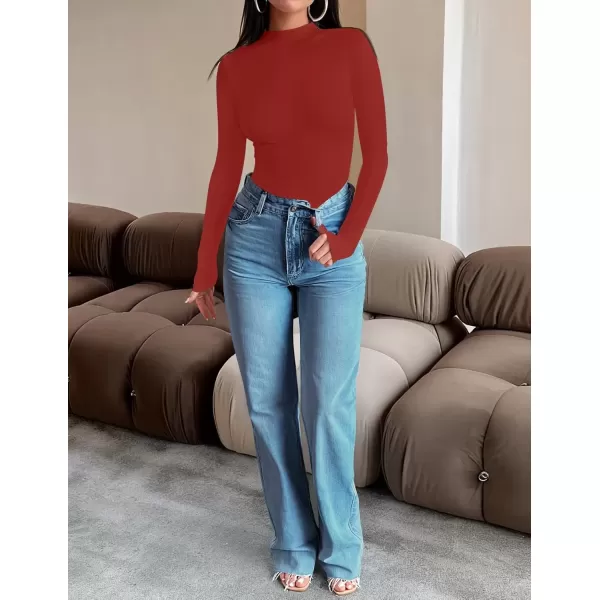imageZESICA Womens Long Sleeve Mock Neck Tops 2024 Fall Slim Fitted Pullover Basic Shirts Casual Winter ClothesRed
