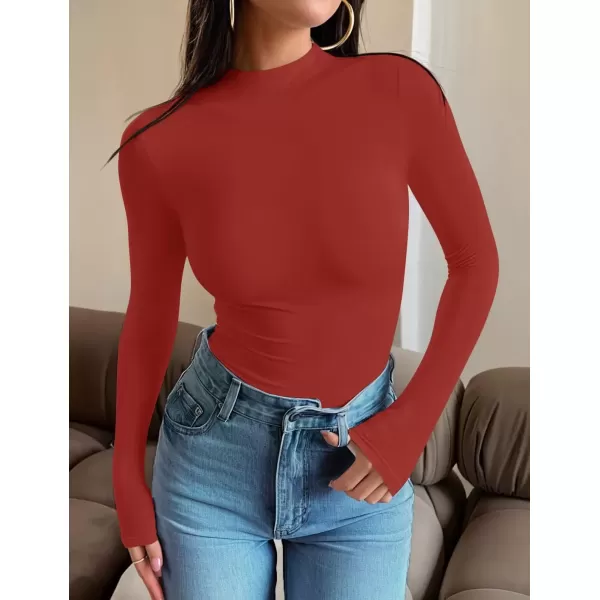 imageZESICA Womens Long Sleeve Mock Neck Tops 2024 Fall Slim Fitted Pullover Basic Shirts Casual Winter ClothesRed