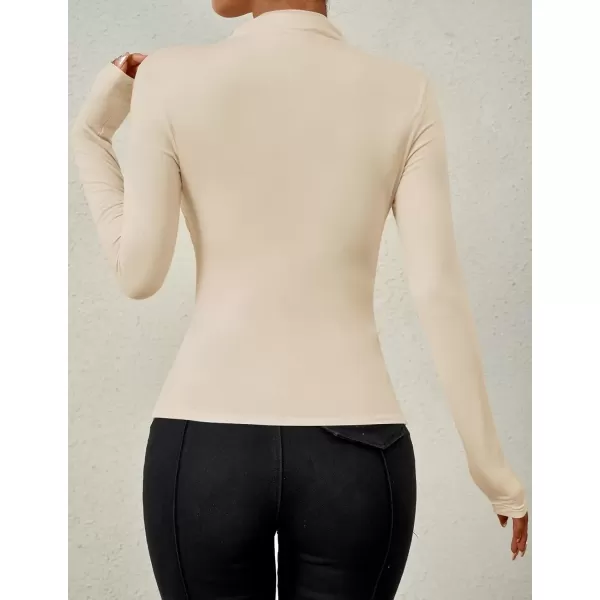 imageZESICA Womens Long Sleeve Tops Mock Neck Ruched Tight Shirts 2024 Fall Trendy OutfitsApricot