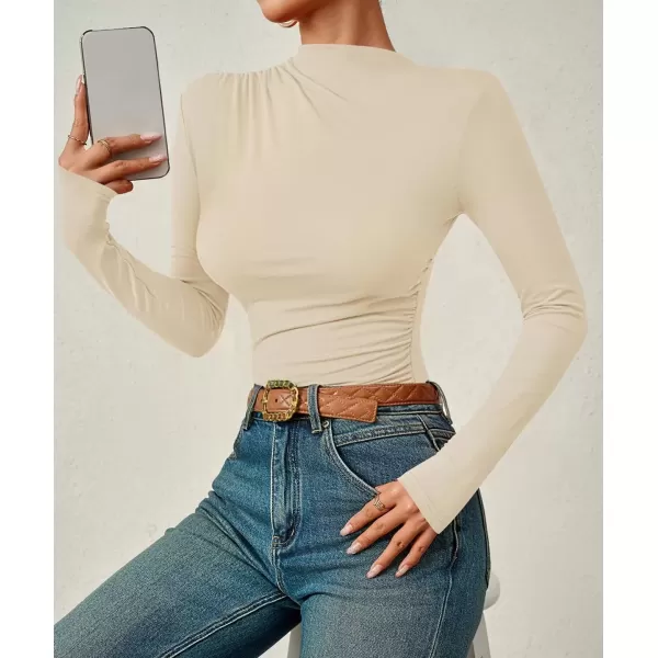 imageZESICA Womens Long Sleeve Tops Mock Neck Ruched Tight Shirts 2024 Fall Trendy OutfitsApricot