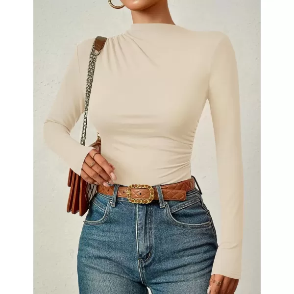 imageZESICA Womens Long Sleeve Tops Mock Neck Ruched Tight Shirts 2024 Fall Trendy OutfitsApricot