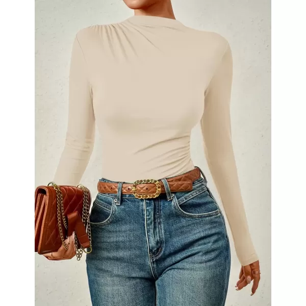 imageZESICA Womens Long Sleeve Tops Mock Neck Ruched Tight Shirts 2024 Fall Trendy OutfitsApricot