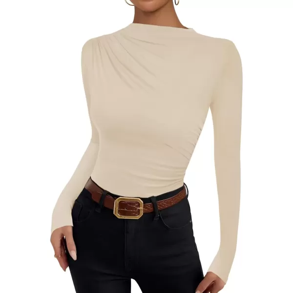 imageZESICA Womens Long Sleeve Tops Mock Neck Ruched Tight Shirts 2024 Fall Trendy OutfitsApricot