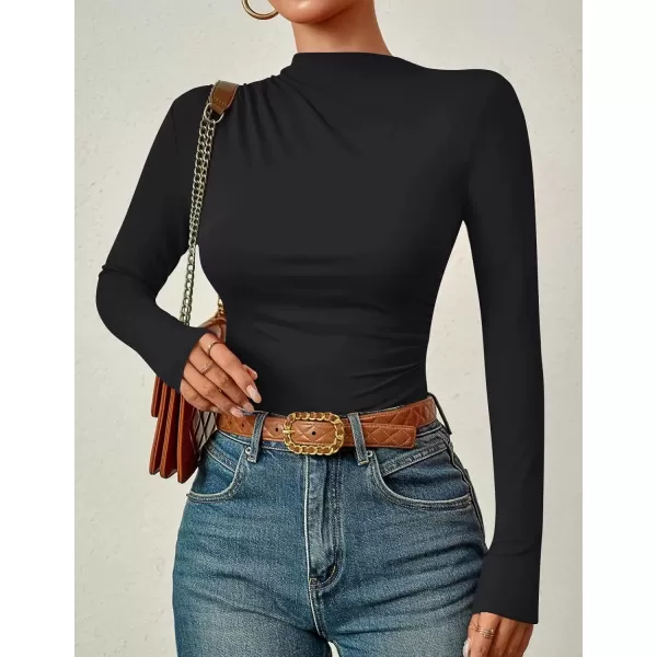 imageZESICA Womens Long Sleeve Tops Mock Neck Ruched Tight Shirts 2024 Fall Trendy OutfitsBlack
