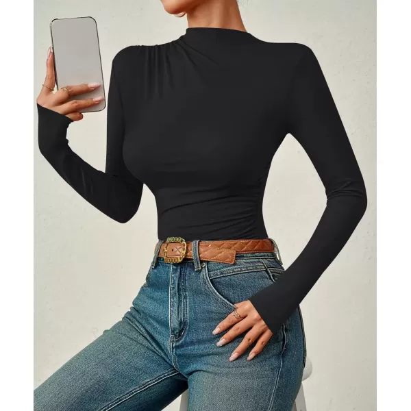imageZESICA Womens Long Sleeve Tops Mock Neck Ruched Tight Shirts 2024 Fall Trendy OutfitsBlack