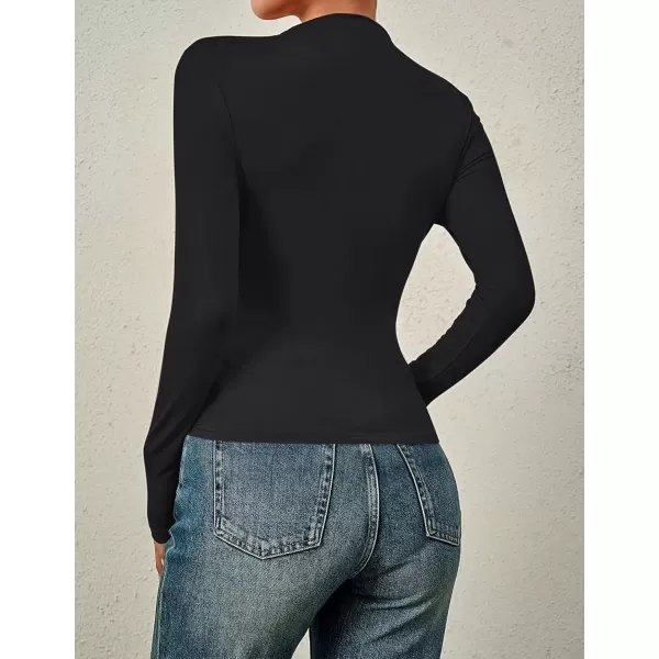 imageZESICA Womens Long Sleeve Tops Mock Neck Ruched Tight Shirts 2024 Fall Trendy OutfitsBlack