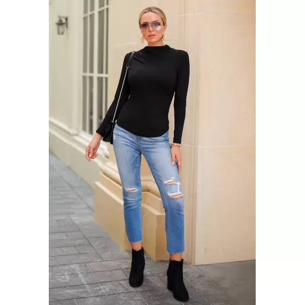 imageZESICA Womens Long Sleeve Tops Mock Neck Ruched Tight Shirts 2024 Fall Trendy OutfitsBlack