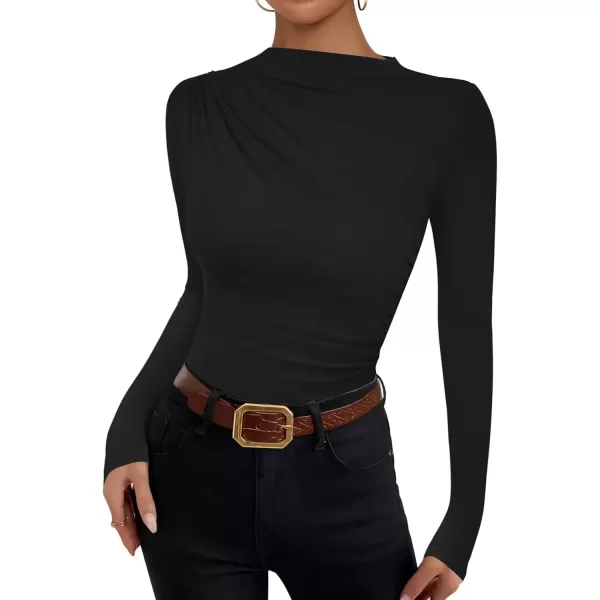 imageZESICA Womens Long Sleeve Tops Mock Neck Ruched Tight Shirts 2024 Fall Trendy OutfitsBlack
