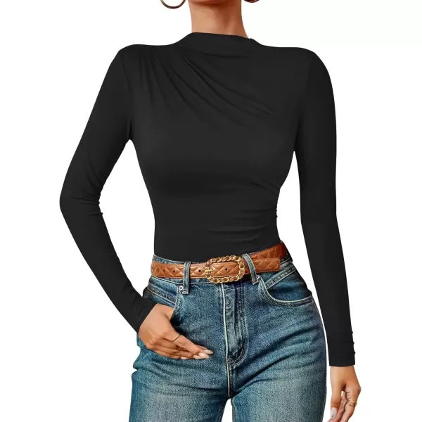 imageZESICA Womens Long Sleeve Tops Mock Neck Ruched Tight Shirts 2024 Fall Trendy OutfitsBlack