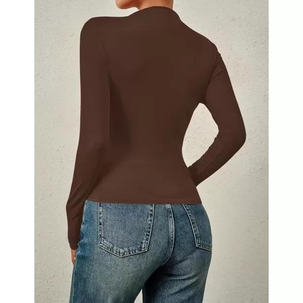 imageZESICA Womens Long Sleeve Tops Mock Neck Ruched Tight Shirts 2024 Fall Trendy OutfitsCoffee