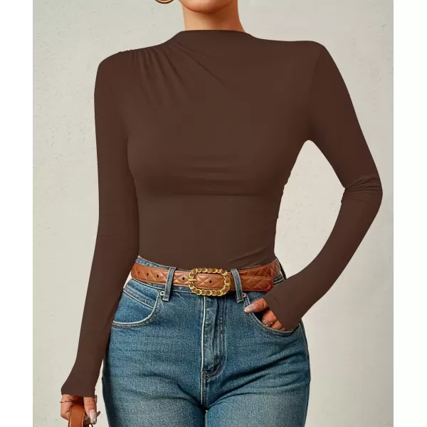 imageZESICA Womens Long Sleeve Tops Mock Neck Ruched Tight Shirts 2024 Fall Trendy OutfitsCoffee