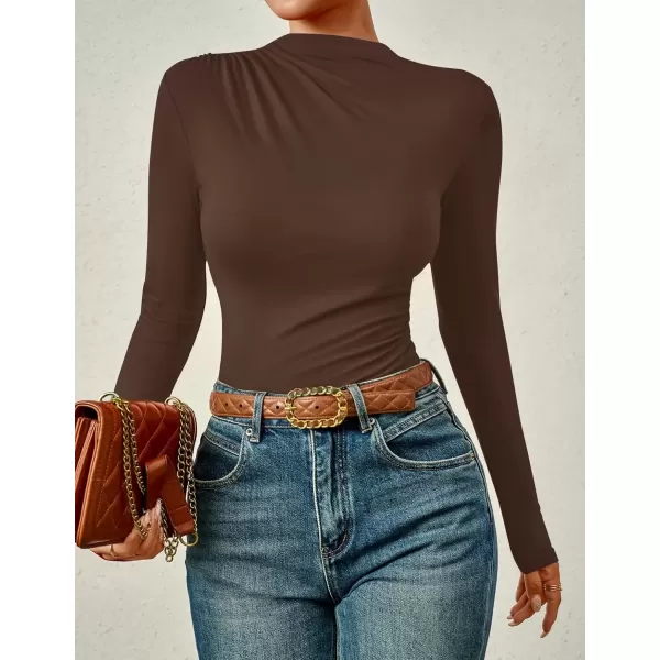 imageZESICA Womens Long Sleeve Tops Mock Neck Ruched Tight Shirts 2024 Fall Trendy OutfitsCoffee