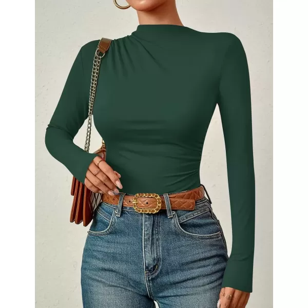 imageZESICA Womens Long Sleeve Tops Mock Neck Ruched Tight Shirts 2024 Fall Trendy OutfitsDark Green
