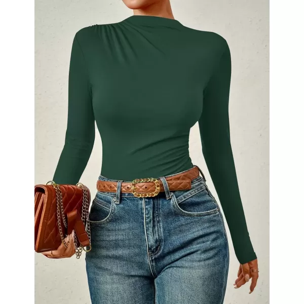 imageZESICA Womens Long Sleeve Tops Mock Neck Ruched Tight Shirts 2024 Fall Trendy OutfitsDark Green