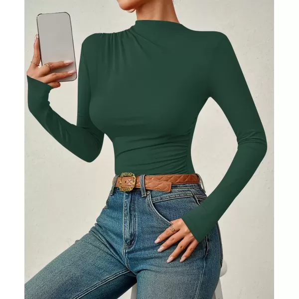 imageZESICA Womens Long Sleeve Tops Mock Neck Ruched Tight Shirts 2024 Fall Trendy OutfitsDark Green