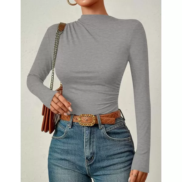 imageZESICA Womens Long Sleeve Tops Mock Neck Ruched Tight Shirts 2024 Fall Trendy OutfitsGrey