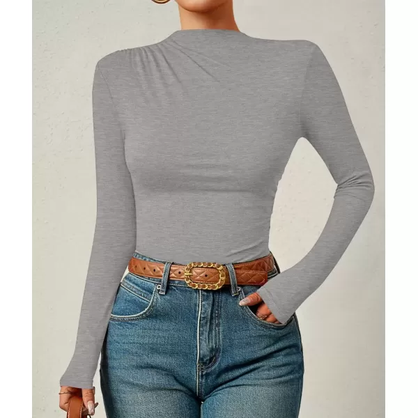 imageZESICA Womens Long Sleeve Tops Mock Neck Ruched Tight Shirts 2024 Fall Trendy OutfitsGrey
