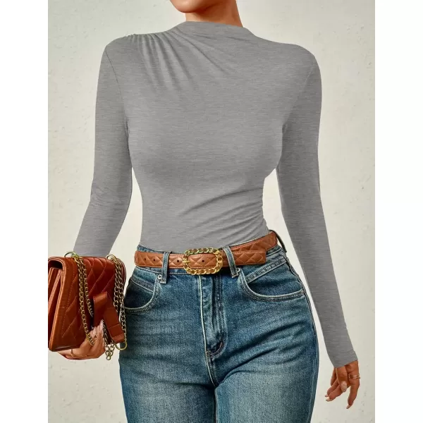 imageZESICA Womens Long Sleeve Tops Mock Neck Ruched Tight Shirts 2024 Fall Trendy OutfitsGrey