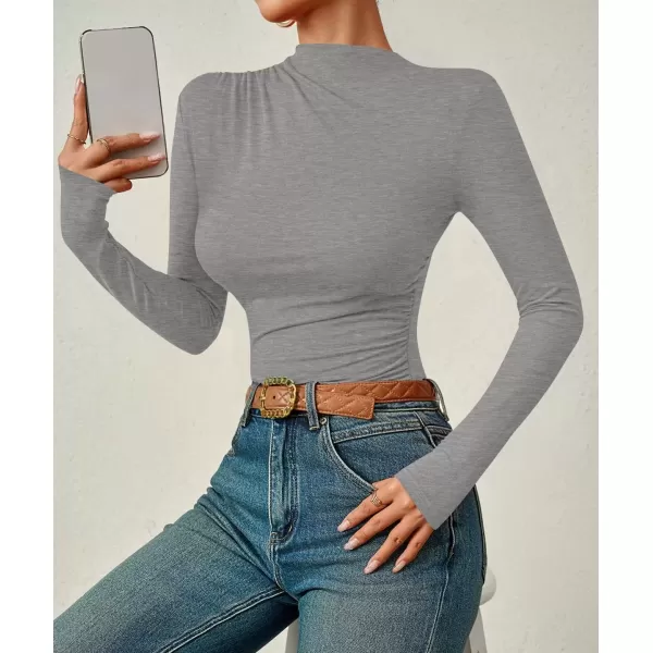 imageZESICA Womens Long Sleeve Tops Mock Neck Ruched Tight Shirts 2024 Fall Trendy OutfitsGrey