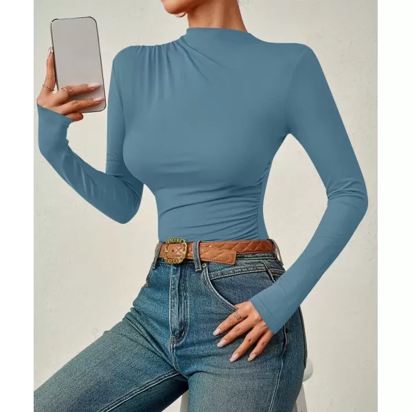 imageZESICA Womens Long Sleeve Tops Mock Neck Ruched Tight Shirts 2024 Fall Trendy OutfitsHaze Blue