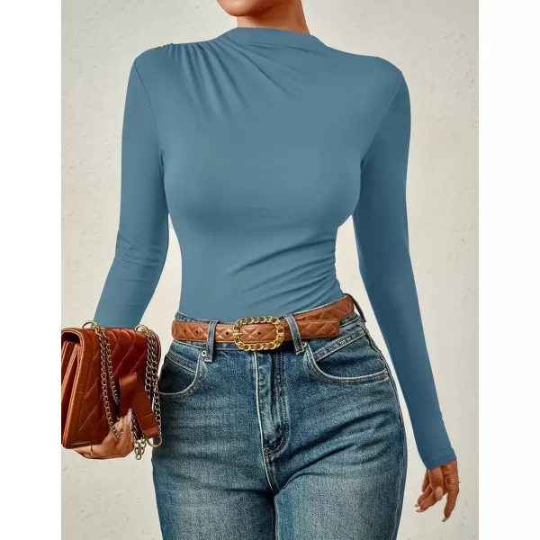 imageZESICA Womens Long Sleeve Tops Mock Neck Ruched Tight Shirts 2024 Fall Trendy OutfitsHaze Blue