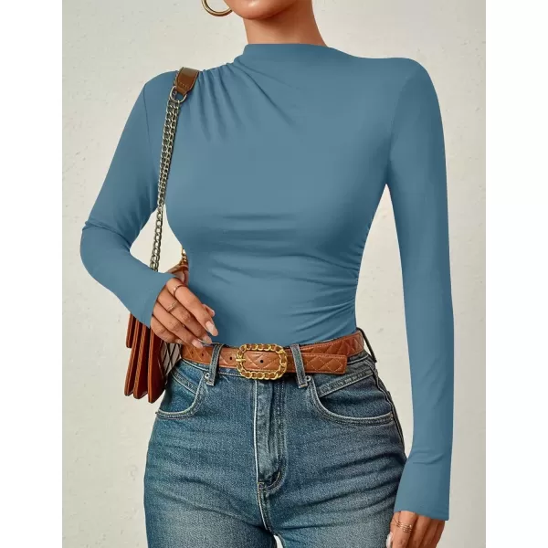 imageZESICA Womens Long Sleeve Tops Mock Neck Ruched Tight Shirts 2024 Fall Trendy OutfitsHaze Blue
