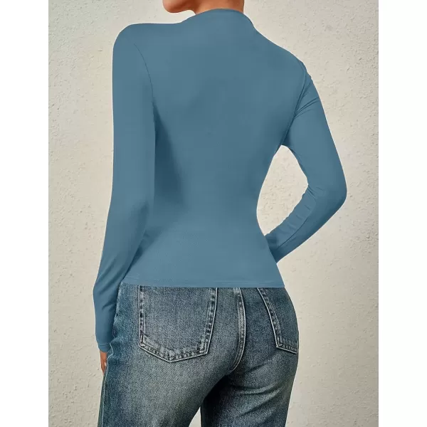 imageZESICA Womens Long Sleeve Tops Mock Neck Ruched Tight Shirts 2024 Fall Trendy OutfitsHaze Blue