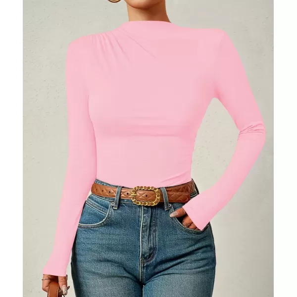 imageZESICA Womens Long Sleeve Tops Mock Neck Ruched Tight Shirts 2024 Fall Trendy OutfitsPink