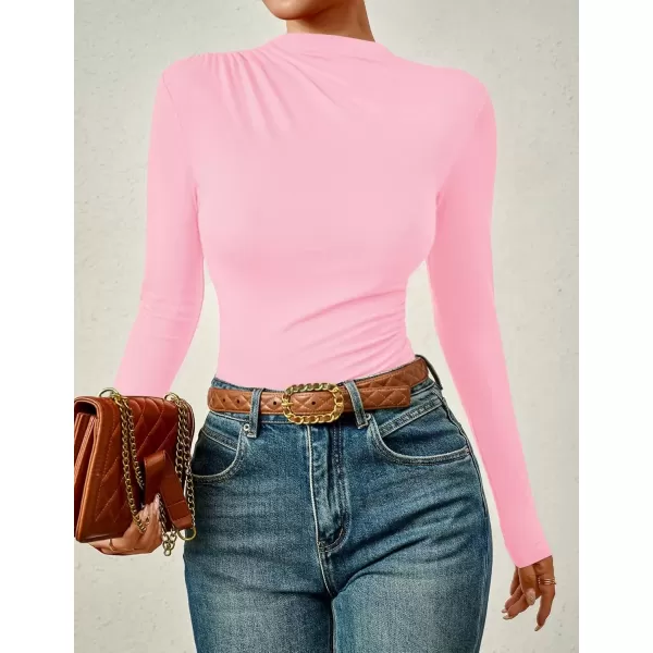 imageZESICA Womens Long Sleeve Tops Mock Neck Ruched Tight Shirts 2024 Fall Trendy OutfitsPink