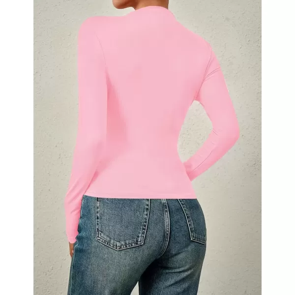 imageZESICA Womens Long Sleeve Tops Mock Neck Ruched Tight Shirts 2024 Fall Trendy OutfitsPink