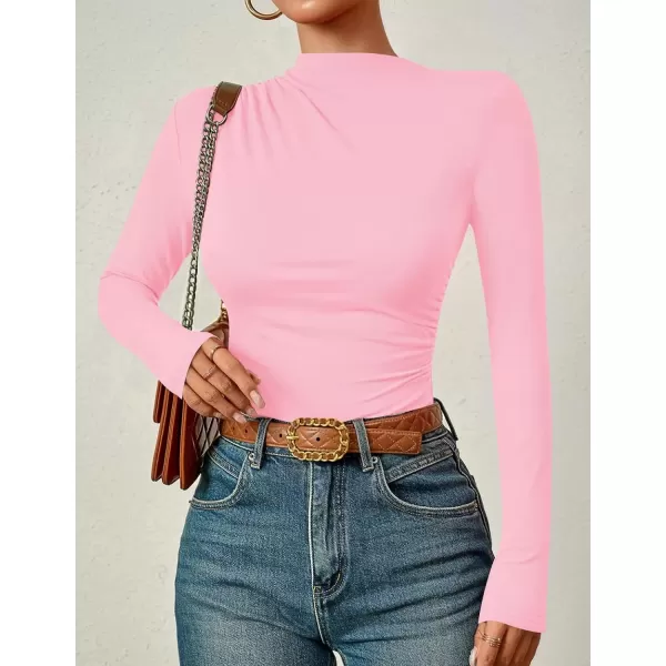 imageZESICA Womens Long Sleeve Tops Mock Neck Ruched Tight Shirts 2024 Fall Trendy OutfitsPink