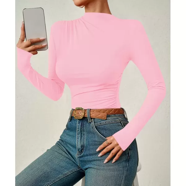 imageZESICA Womens Long Sleeve Tops Mock Neck Ruched Tight Shirts 2024 Fall Trendy OutfitsPink
