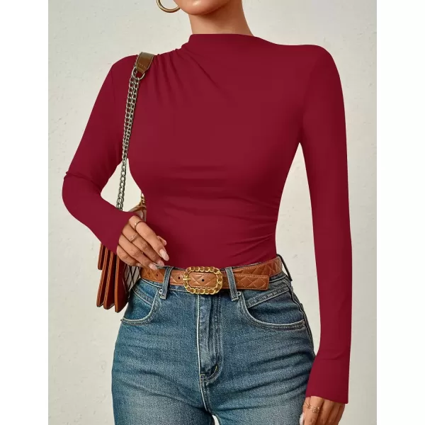 imageZESICA Womens Long Sleeve Tops Mock Neck Ruched Tight Shirts 2024 Fall Trendy OutfitsRed