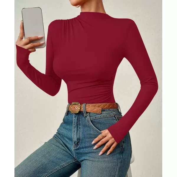 imageZESICA Womens Long Sleeve Tops Mock Neck Ruched Tight Shirts 2024 Fall Trendy OutfitsRed