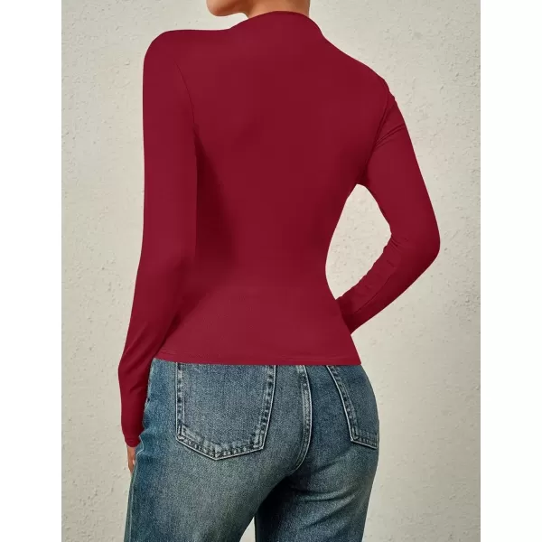 imageZESICA Womens Long Sleeve Tops Mock Neck Ruched Tight Shirts 2024 Fall Trendy OutfitsRed
