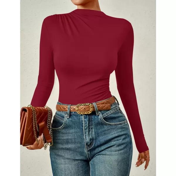 imageZESICA Womens Long Sleeve Tops Mock Neck Ruched Tight Shirts 2024 Fall Trendy OutfitsRed