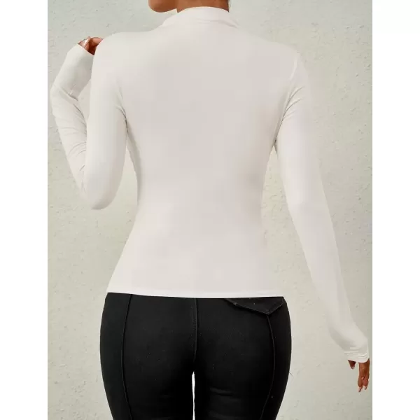 imageZESICA Womens Long Sleeve Tops Mock Neck Ruched Tight Shirts 2024 Fall Trendy OutfitsWhite