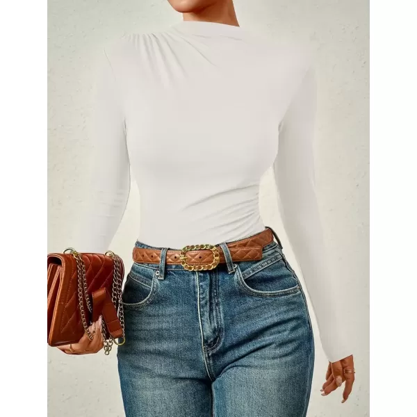 imageZESICA Womens Long Sleeve Tops Mock Neck Ruched Tight Shirts 2024 Fall Trendy OutfitsWhite